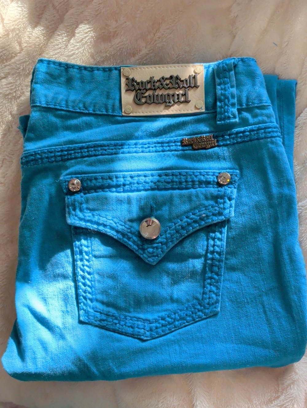 Rock & Roll Cowgirl Bright  Blue Jeans with Embellished Pocket... Comfy+ Cute